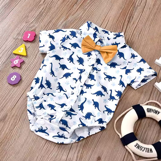 Summer Toddler Boys Dinosaur Printed Clothes Suit with Handsome Hat Bow for Baby Kids Fashion Short-Sleeved Newborn Romper Set